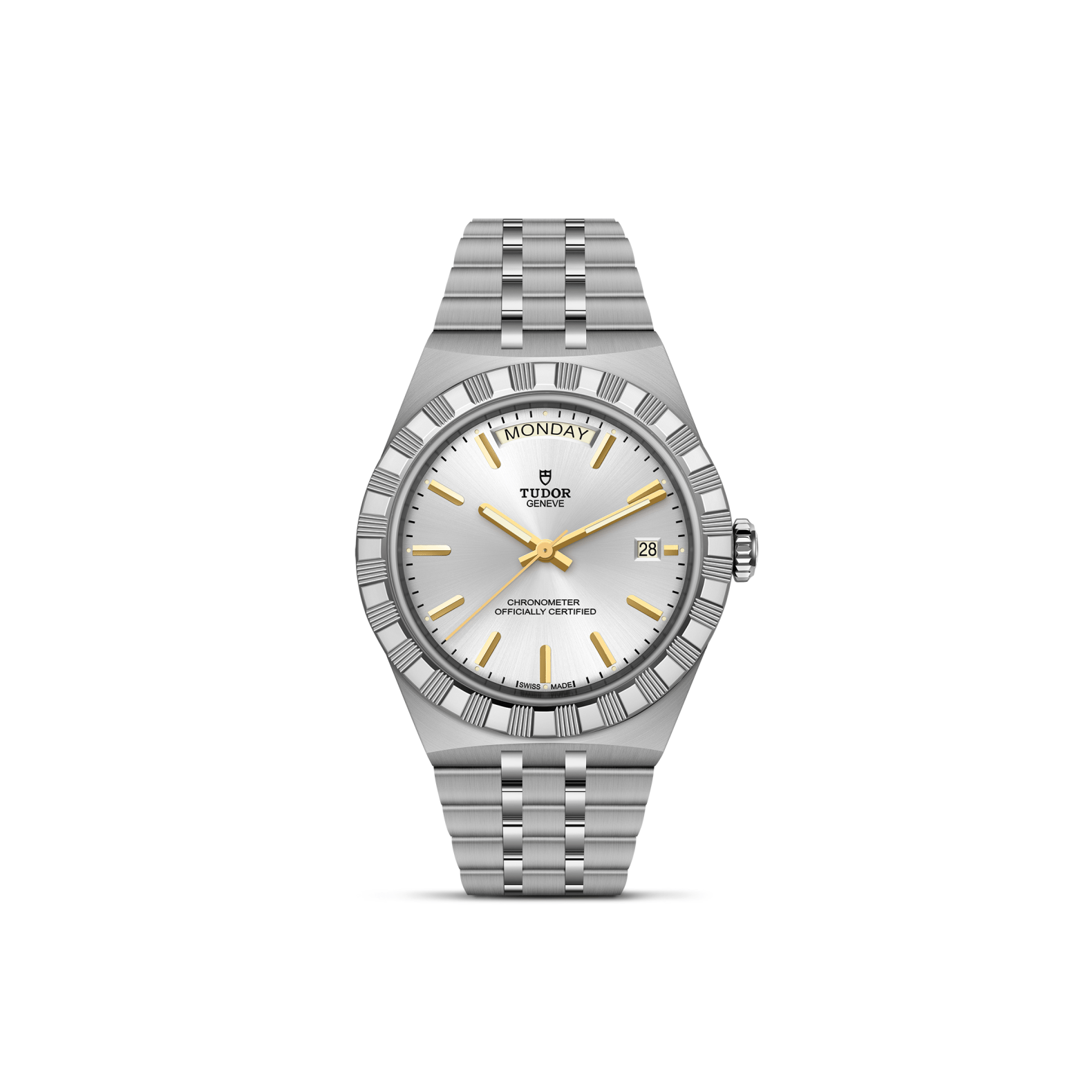 Front view of TUDOR Royal 40mm steel watch showing silver sunburst dial with gold hour markers, day at 12, date at 3, five-link stainless bracelet on white background