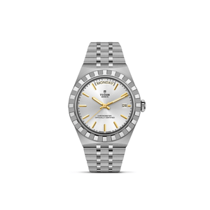 Front view of TUDOR Royal 40mm steel watch showing silver sunburst dial with gold hour markers, day at 12, date at 3, five-link stainless bracelet on white background