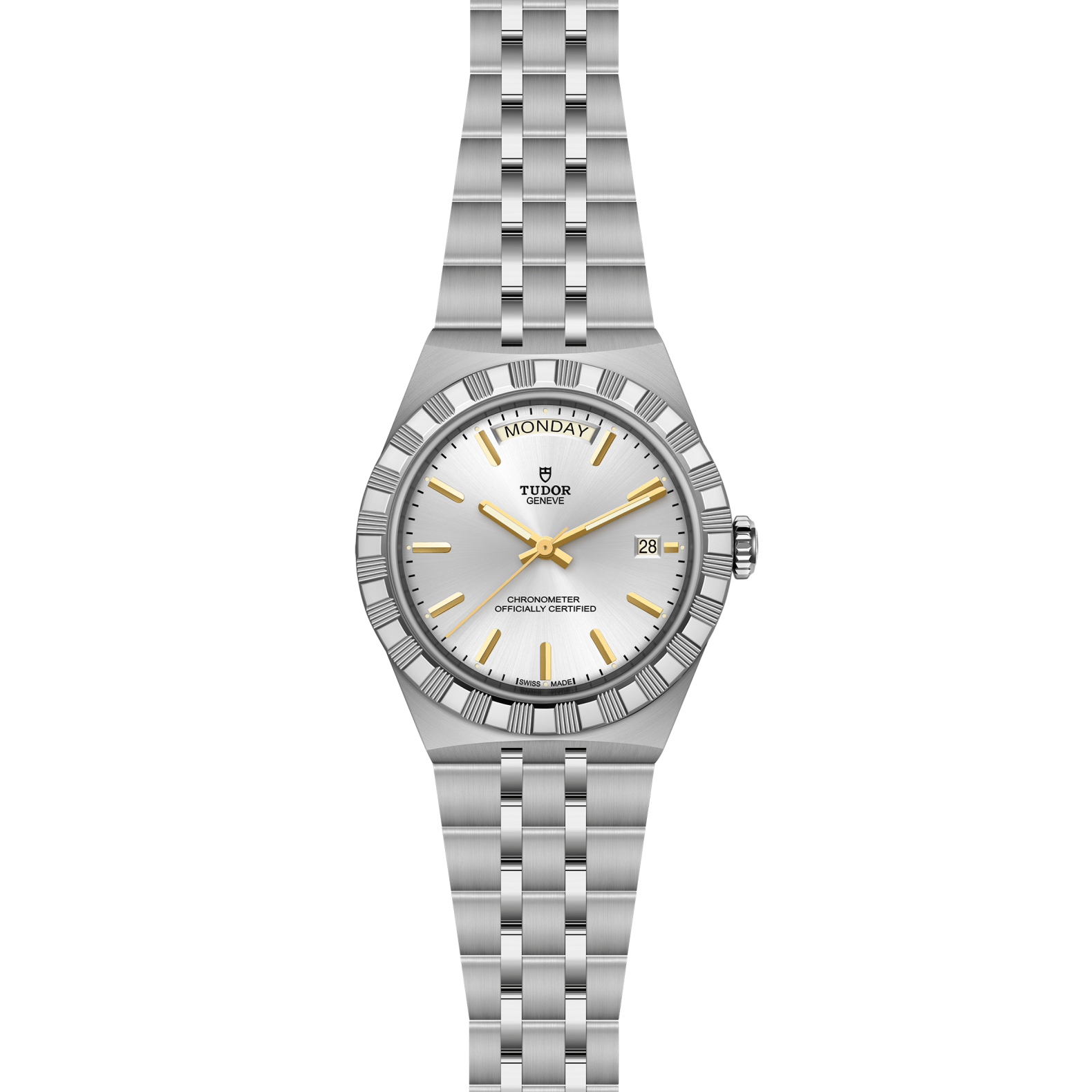 Front view of TUDOR Royal 40mm steel watch with silver dial, gold stick hour markers, and five-link stainless steel bracelet on white background