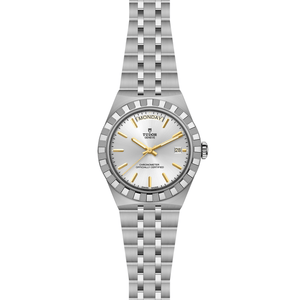 Front view of TUDOR Royal 40mm steel watch with silver dial, gold stick hour markers, and five-link stainless steel bracelet on white background