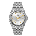 Silver Tudor watch with a white face and gold accents on a white background