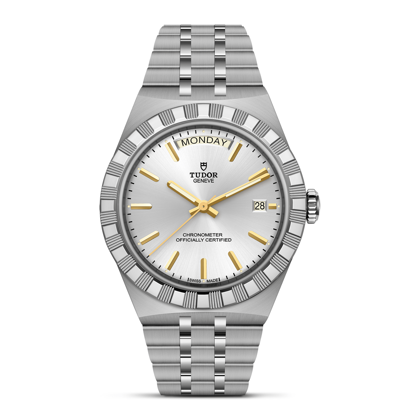 Silver Tudor watch with a white face and gold accents on a white background