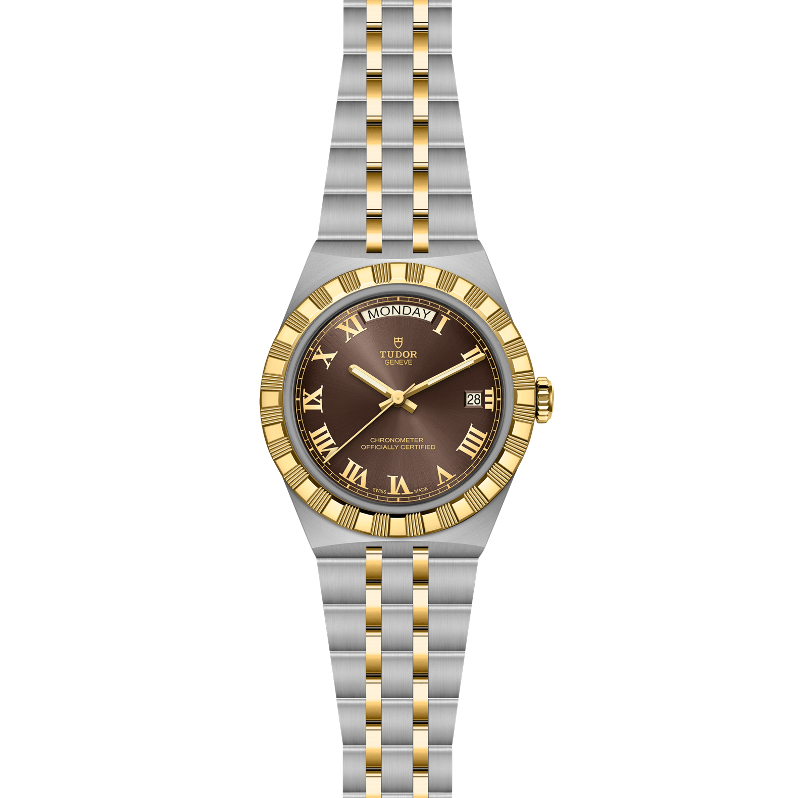 Two-tone watch with brown dial on a white background