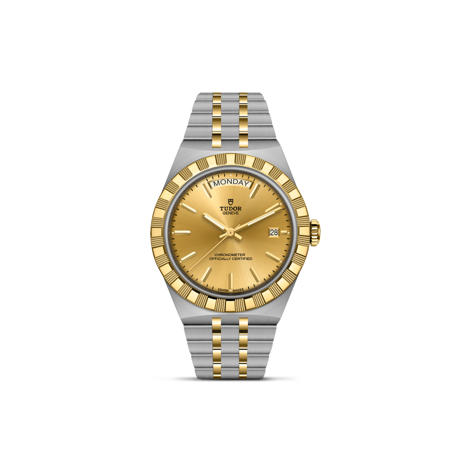 Front view of TUDOR Royal 40mm steel and yellow gold watch showcasing champagne dial, day and date windows, and fluted yellow-gold bezel on white background