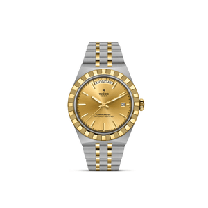Front view of TUDOR Royal 40mm steel and yellow gold watch showcasing champagne dial, day and date windows, and fluted yellow-gold bezel on white background