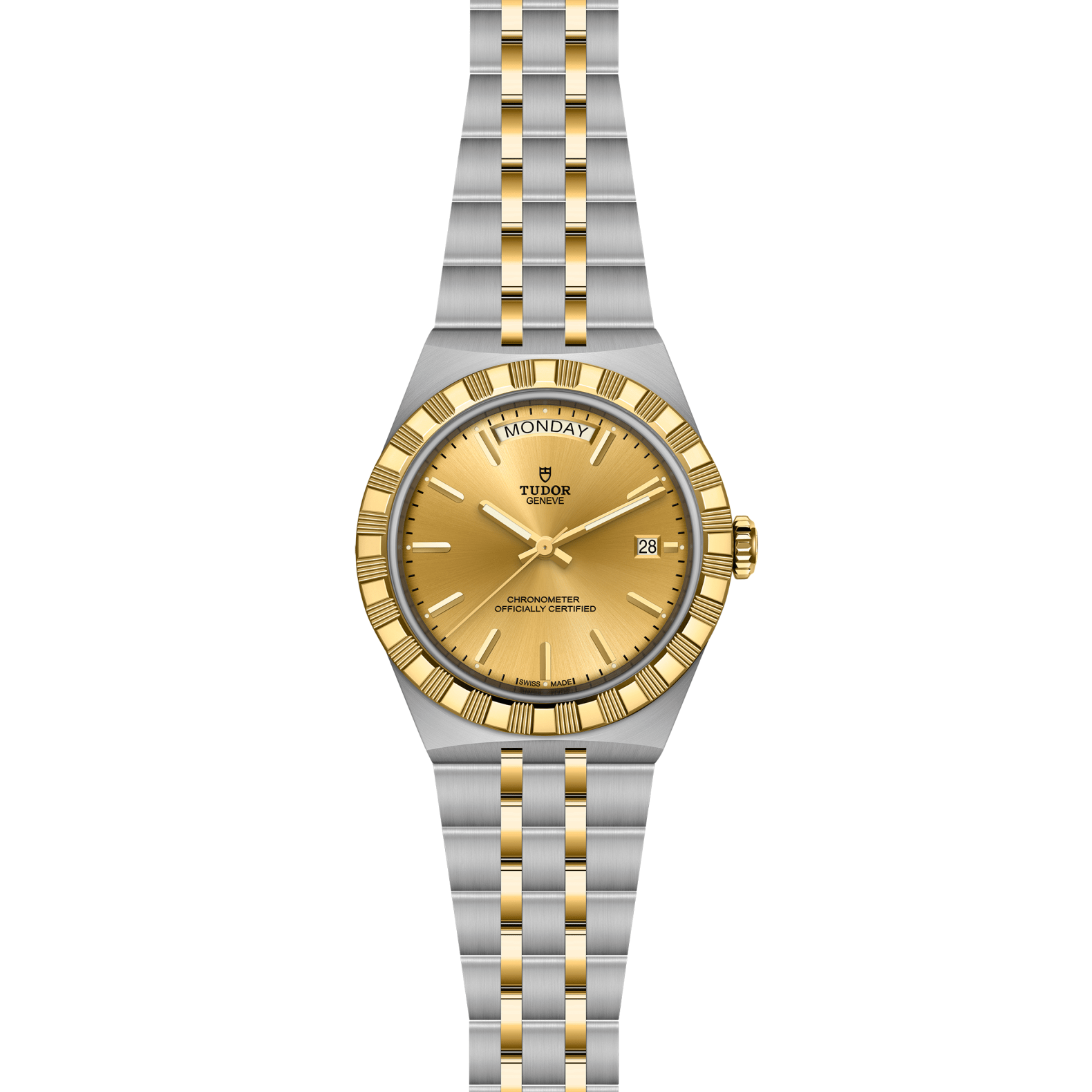 Front view of TUDOR Royal 40mm steel and yellow gold watch with champagne dial, day and date windows, and two-tone five-link bracelet