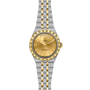 Front view of TUDOR Royal 40mm steel and yellow gold watch with champagne dial, day and date windows, and two-tone five-link bracelet