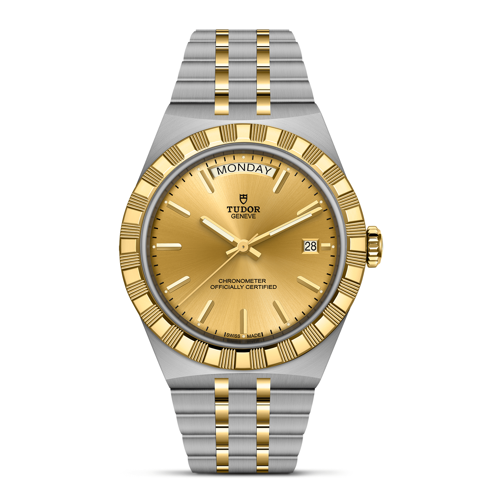 Tudor watch with gold and silver band on a white background