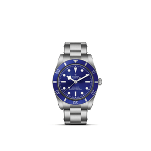 Front view of TUDOR Black Bay 54 watch with blue domed dial, blue bezel, and stainless steel bracelet