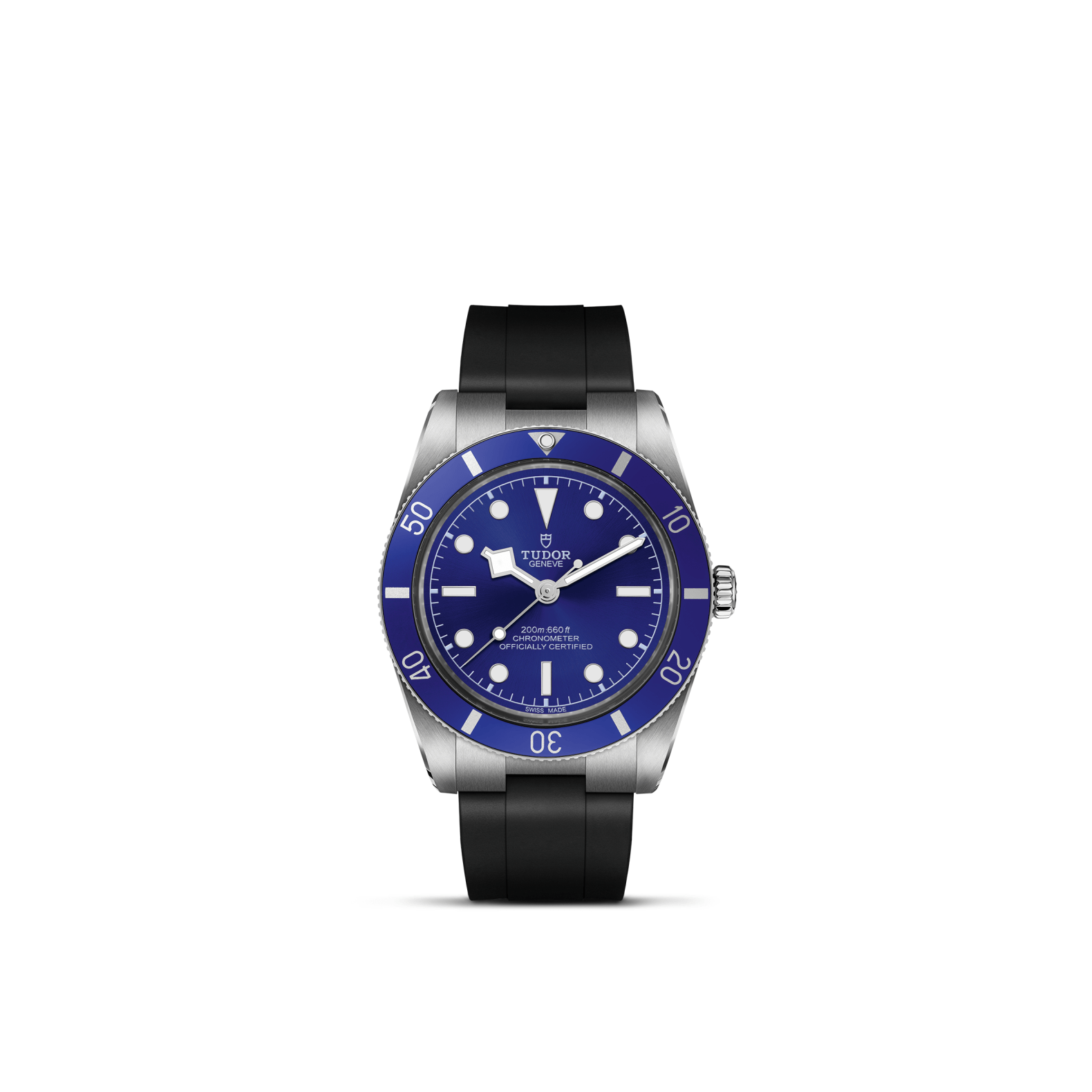 Front view of TUDOR Black Bay 54 watch with blue domed dial, stainless steel case, and black rubber strap on white background