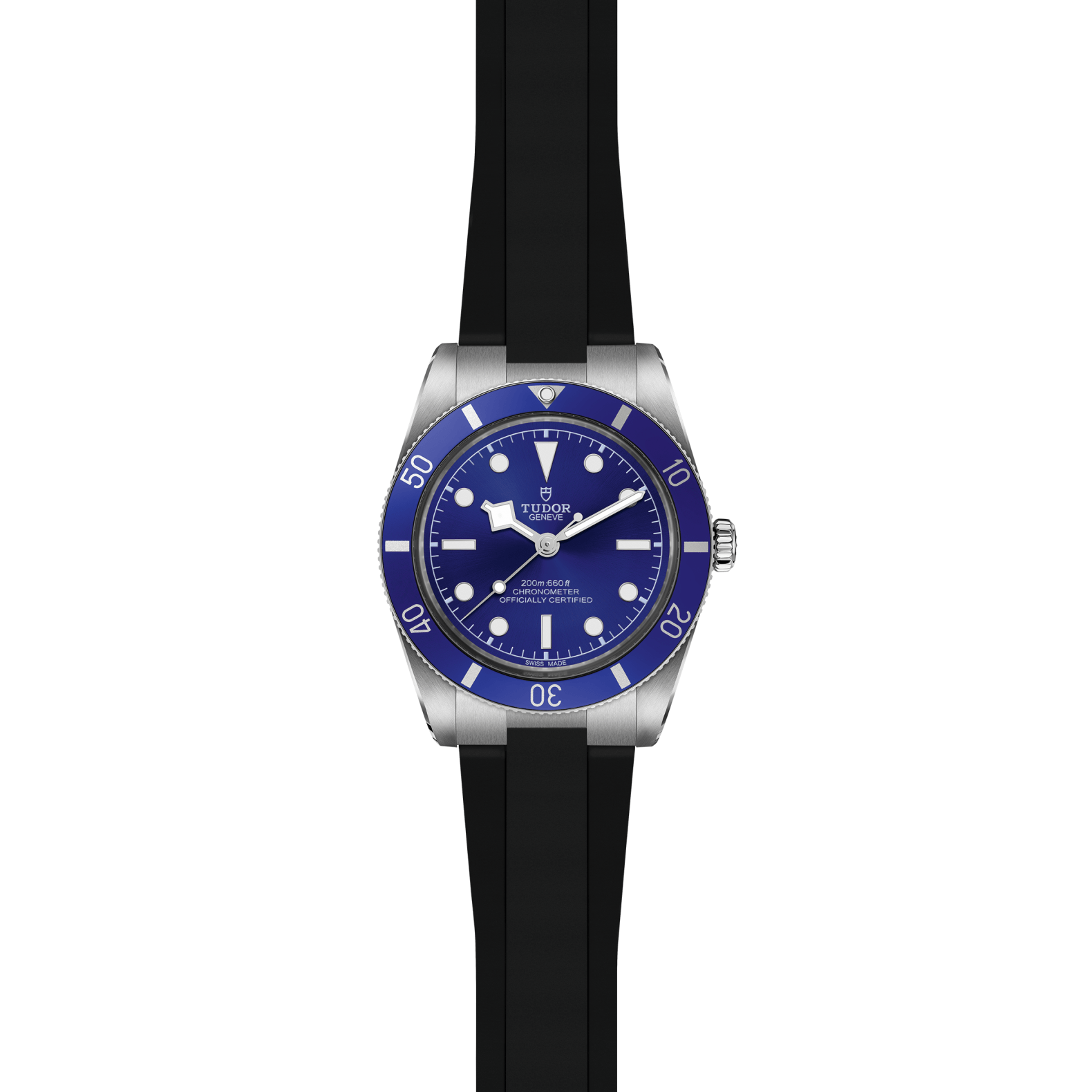 Front view of TUDOR Black Bay 54 watch showcasing blue domed dial and bezel, stainless steel case, and black rubber strap on white background
