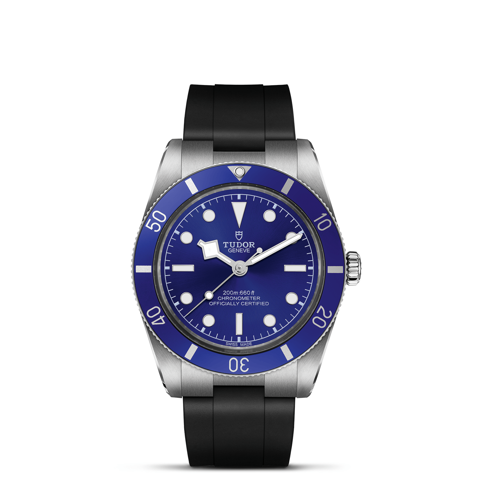 Front view of TUDOR Black Bay 54 watch showcasing blue domed dial and black rubber strap on white background