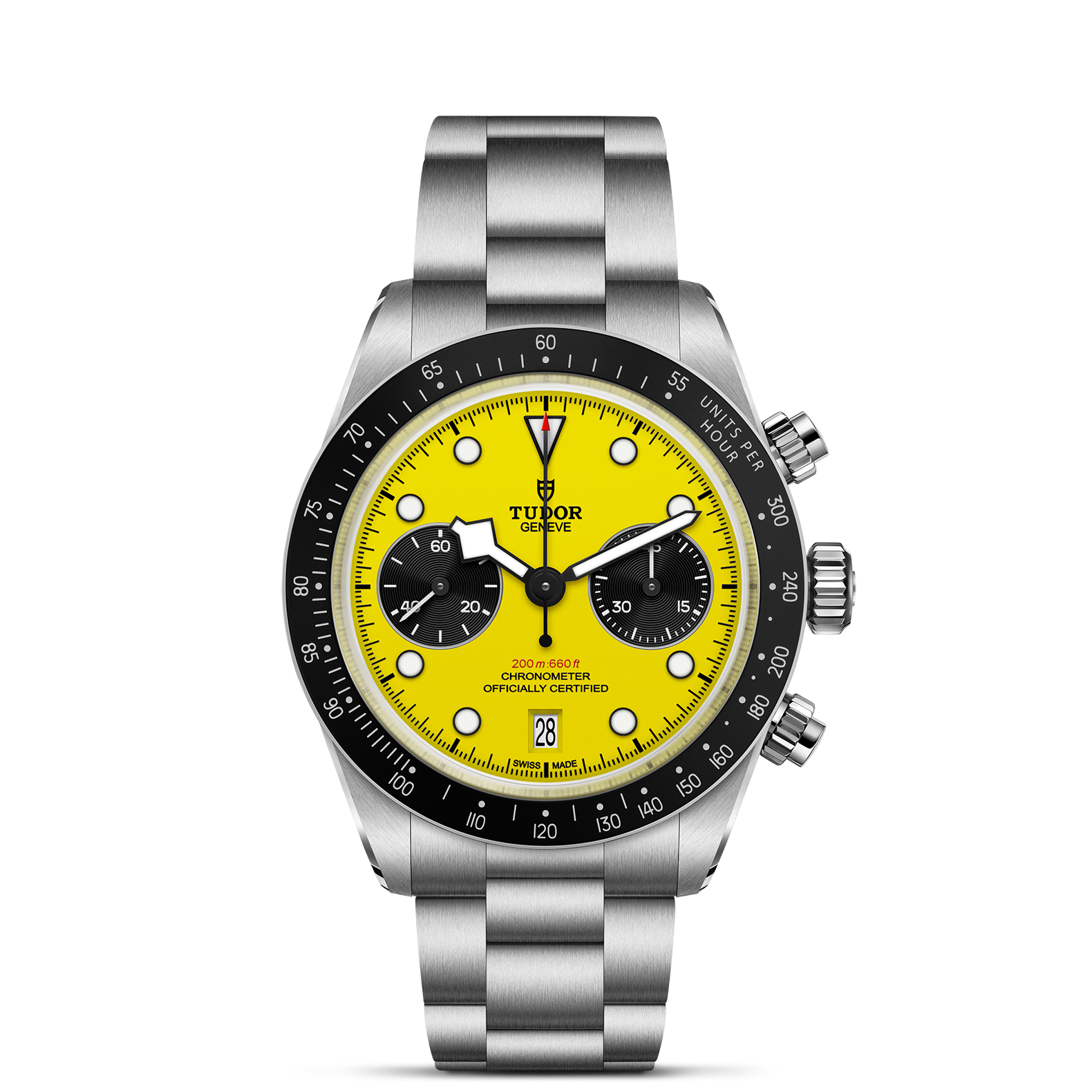 TUDOR watch with yellow dial with white and black markings with a steel bracelet on a white black background.