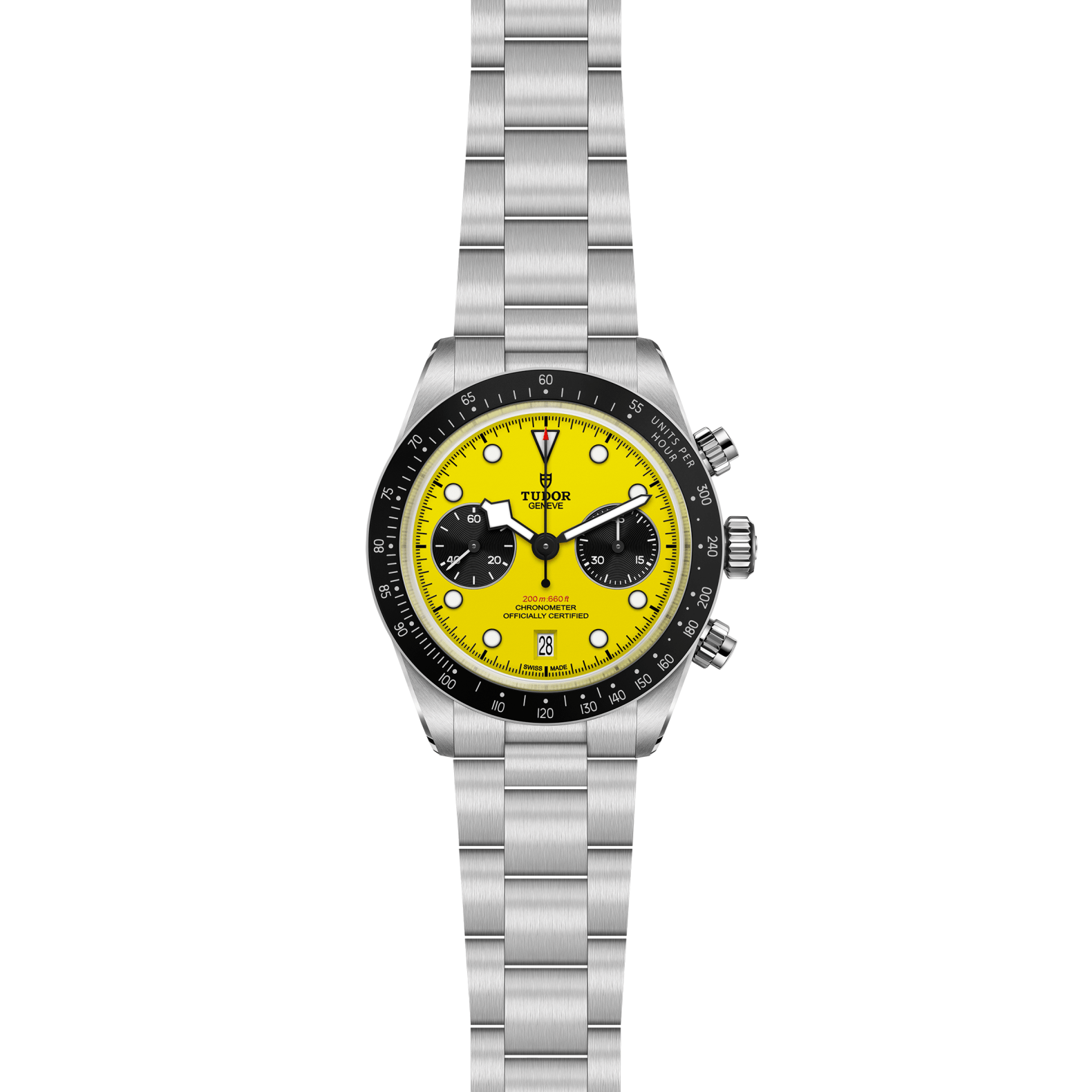 Wristwatch with a yellow face and silver bracelet on a white background