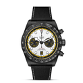 Black Tudor watch with a white face and yellow accents on a white background