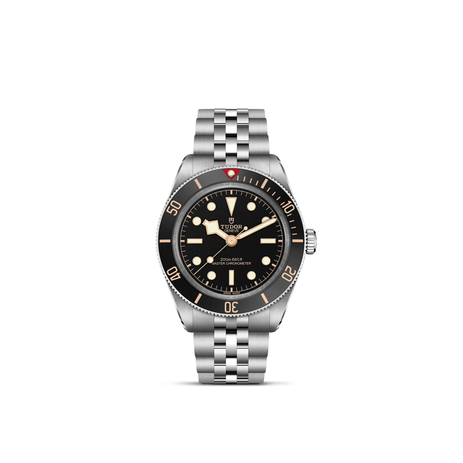Tudor watch with black dial and silver metal bracelet on a white background