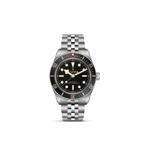 Tudor watch with black dial and silver metal bracelet on a white background