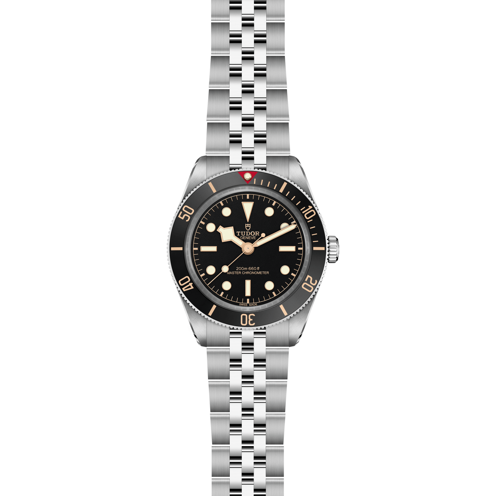 Front view of TUDOR Black Bay 58 39mm steel watch showcasing matte black domed dial and five-link stainless steel bracelet on white background