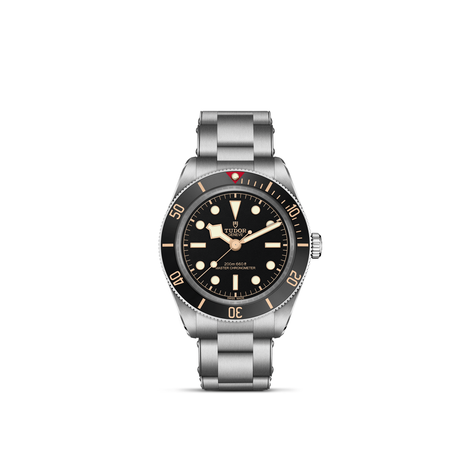 Tudor watch with black dial and silver bracelet on a white background
