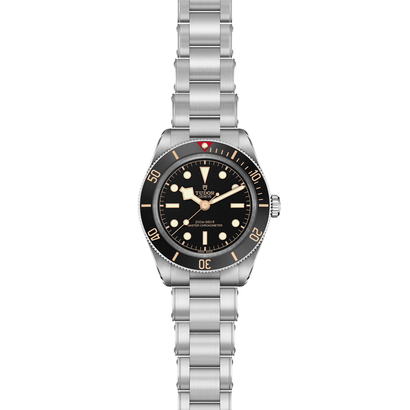 Front view of TUDOR Black Bay 58 39mm steel watch showcasing matte black dial, gilt hour markers and 3-link rivet stainless bracelet on white background