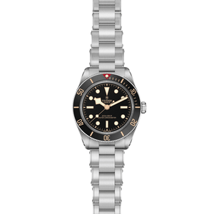 Front view of TUDOR Black Bay 58 39mm steel watch showcasing matte black dial, gilt hour markers and 3-link rivet stainless bracelet on white background