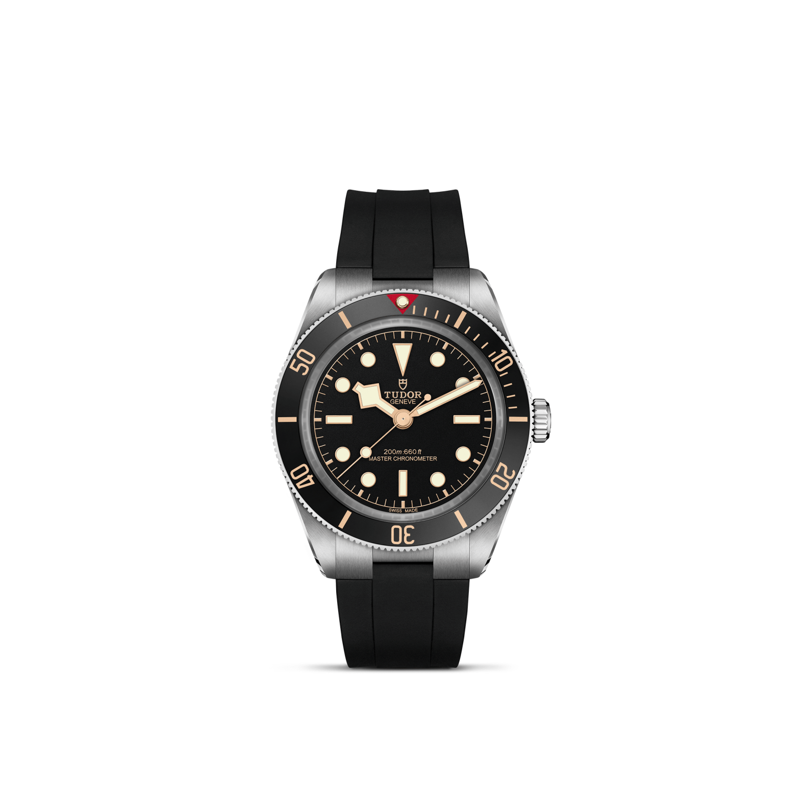 Tudor watch with black strap and black dial on a white background