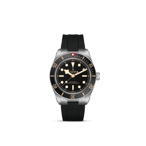 Tudor watch with black strap and black dial on a white background