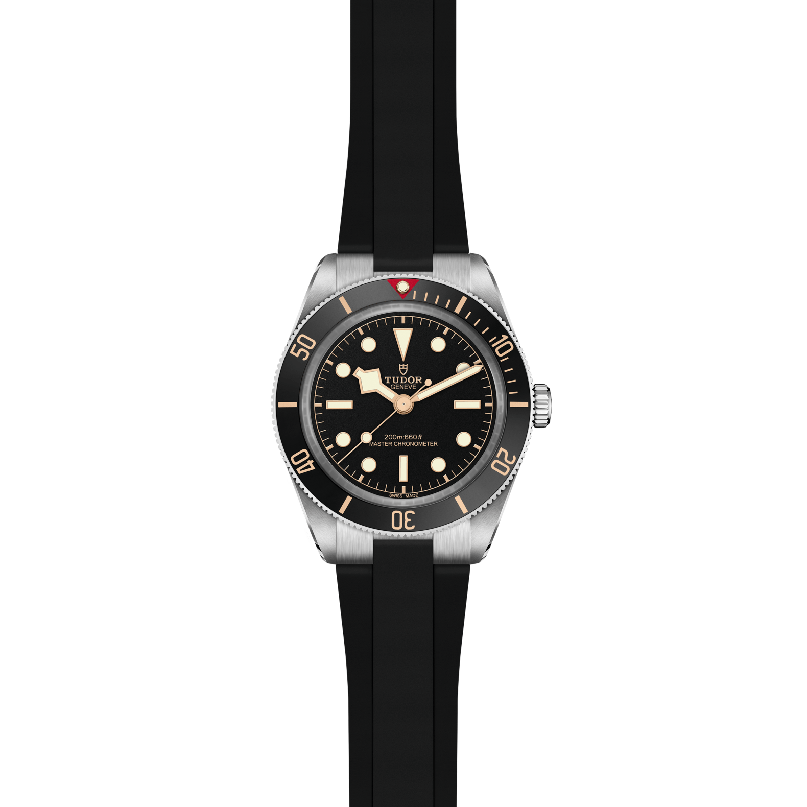 Front view of TUDOR Black Bay 58 39mm steel watch showcasing matte black dial and black rubber strap on white background