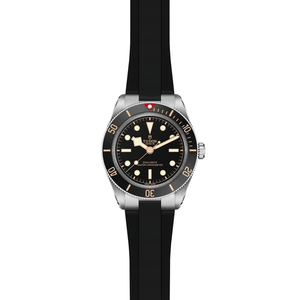 Front view of TUDOR Black Bay 58 39mm steel watch showcasing matte black dial and black rubber strap on white background