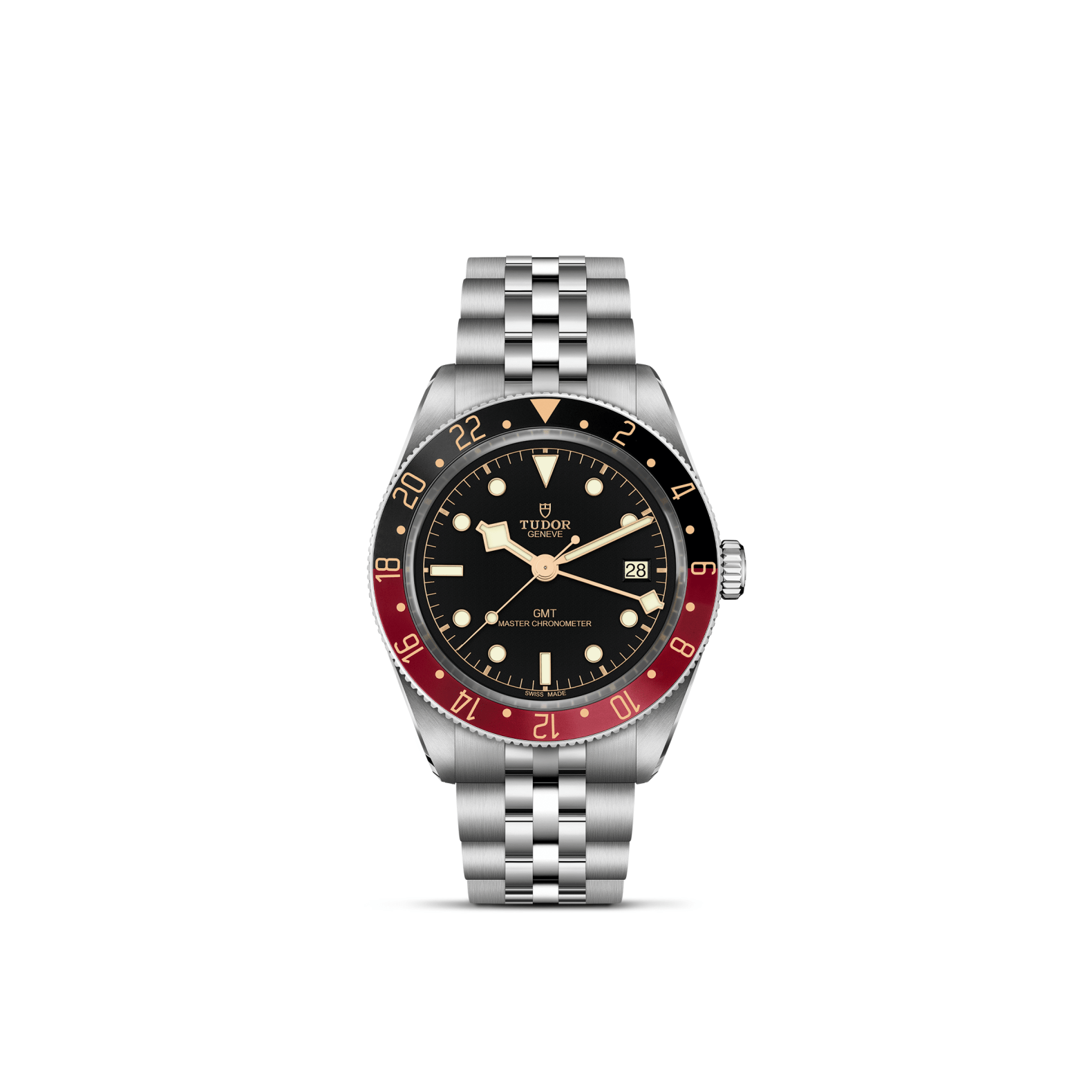 Tudor watch with black face, red bezel, and silver bracelet on a white background