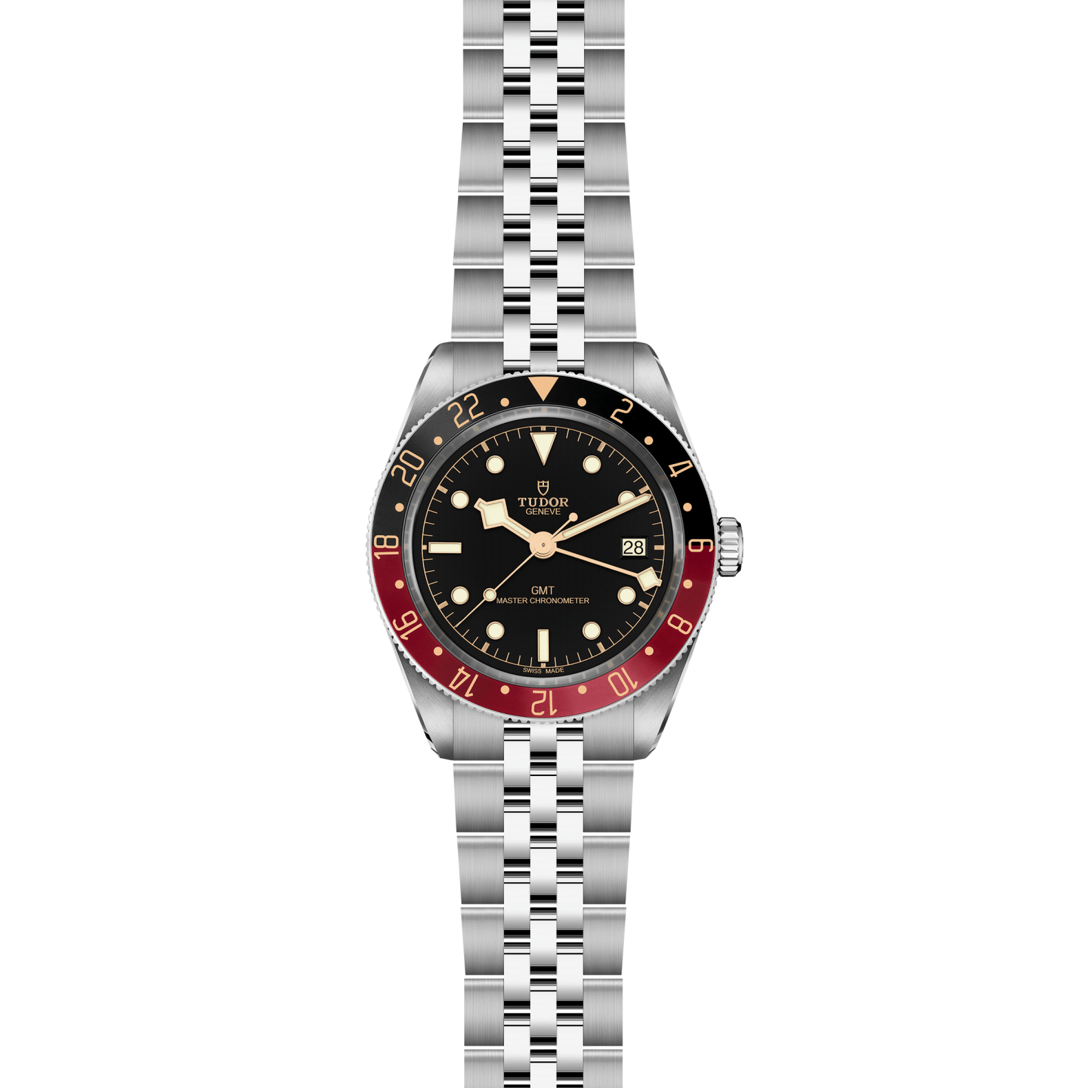 Front view of TUDOR Black Bay 58 GMT watch showcasing black dial, black-and-burgundy GMT bezel, date window and five-link stainless steel bracelet on white background