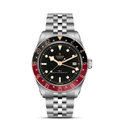 Front view of TUDOR Black Bay 58 GMT watch with black dial, black-and-burgundy GMT bezel and stainless steel bracelet