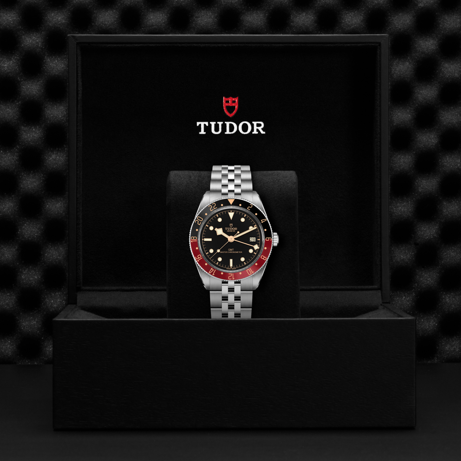 Tudor watch in a black display case with a textured black background