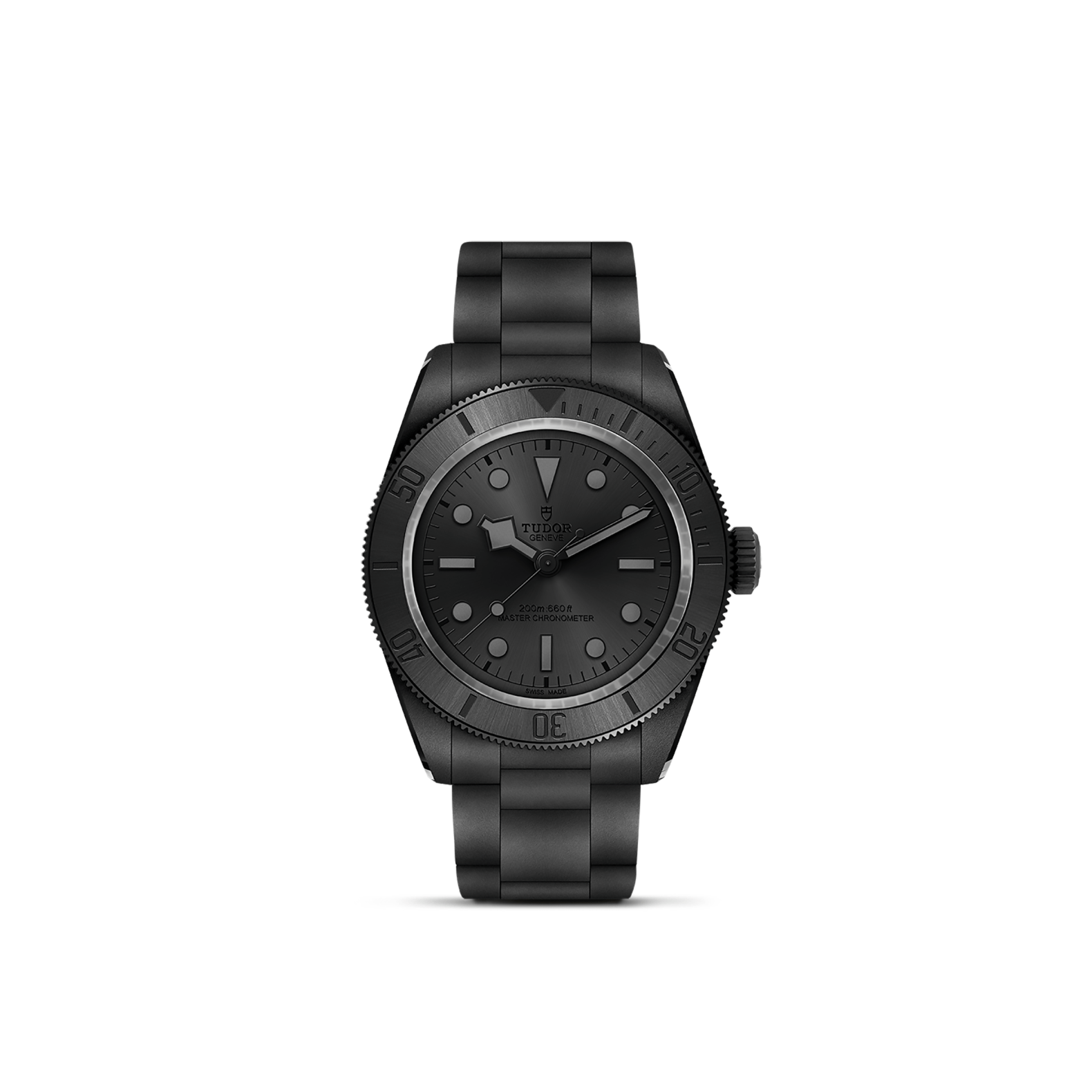 Front view of TUDOR Black Bay Ceramic watch showcasing matte black ceramic case and bracelet on a white background