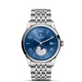 Front view of TUDOR 1926 Luna watch with blue sun-brushed dial, moonphase and date, 39mm polished steel case and bracelet on white background