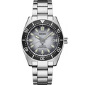 Seiko watch with silver bracelet and black dial on a white background