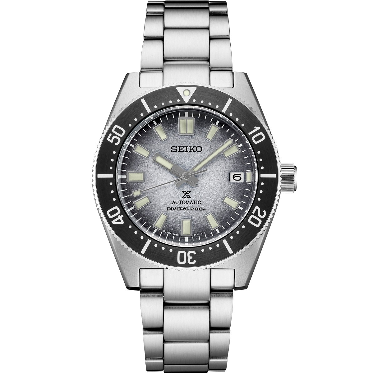 Seiko watch with silver bracelet and black dial on a white background