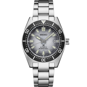 Seiko watch with silver bracelet and black dial on a white background