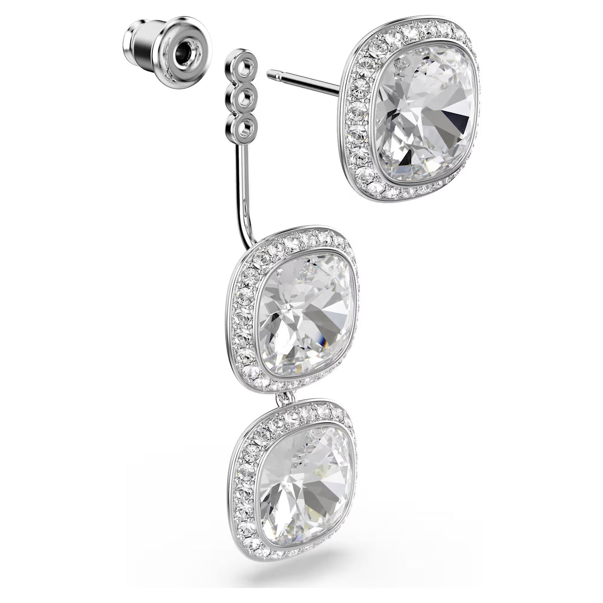 3 halo drop jacket earrings  on a white background