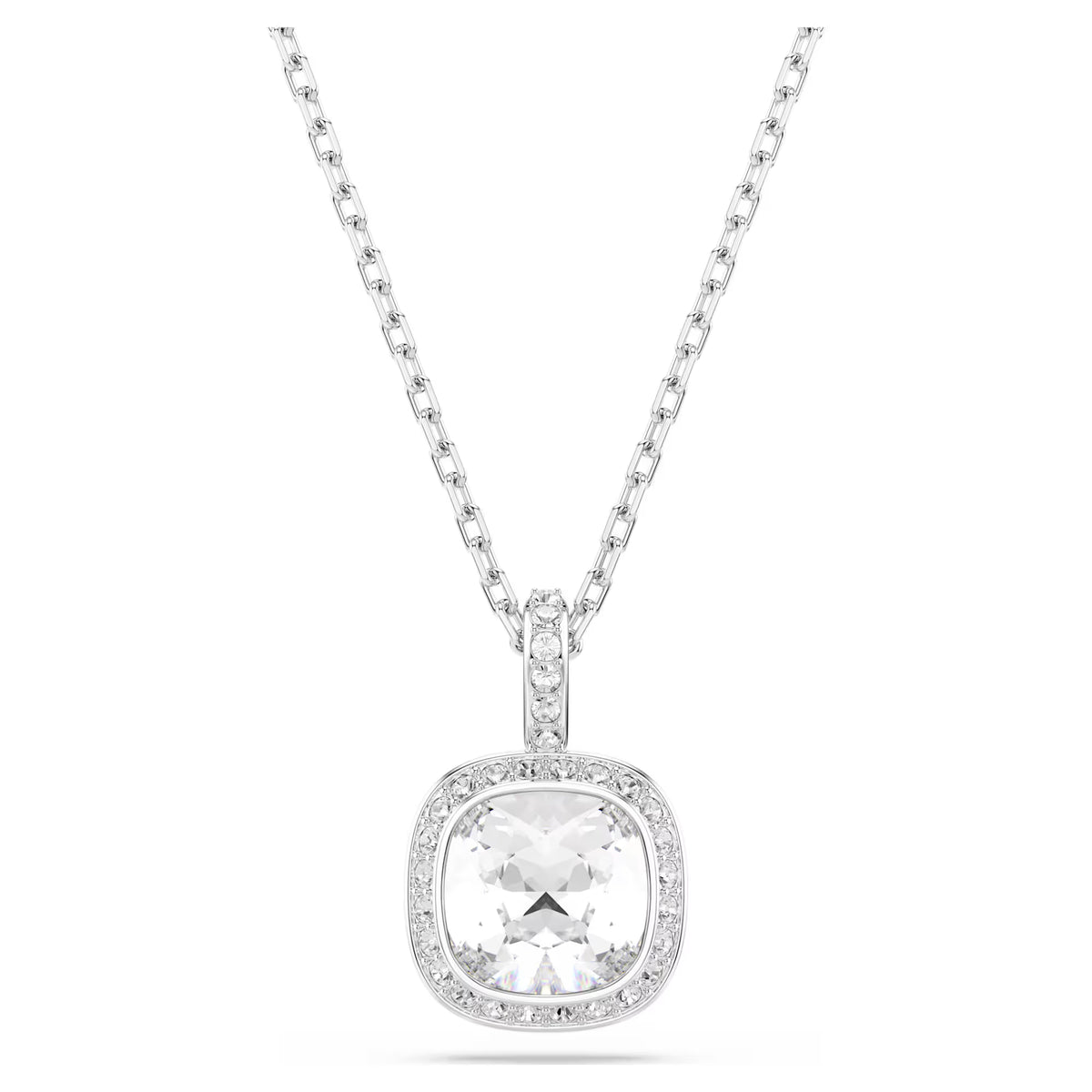 silver tone crystal halo necklace on a white background
