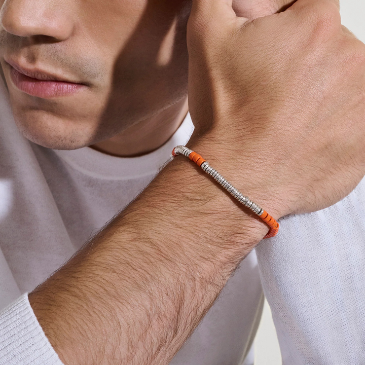 Sterling Silver Orange Enamel Heishi Chain Bracelet