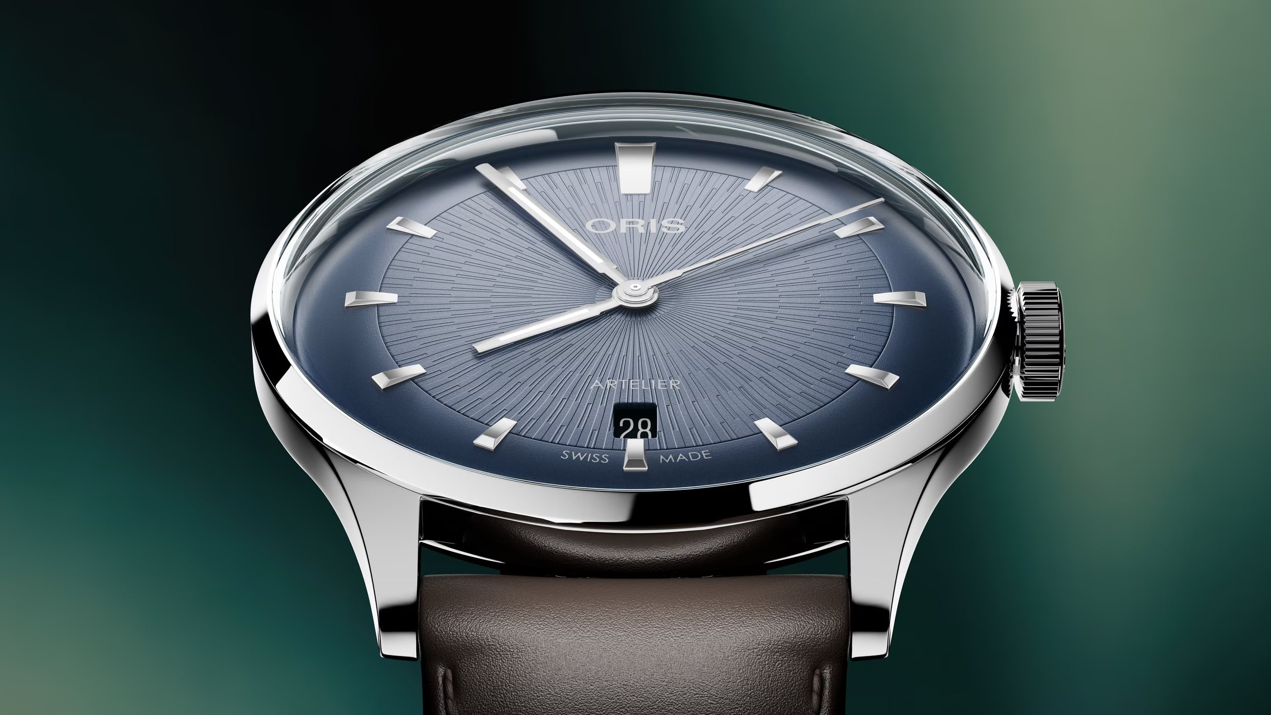 Oris watch with a blue dial and brown strap on a gradient background