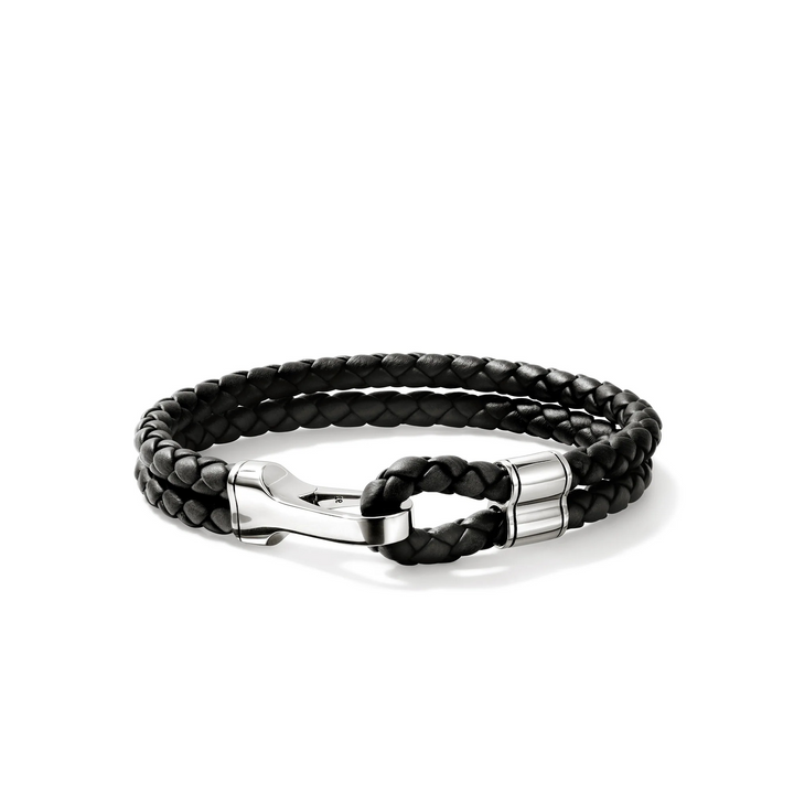 Sterling Silver & Black Double Braided Leather Bracelet