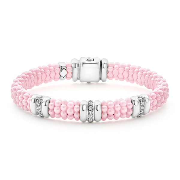 Pink Three Station Diamond Caviar Bracelet | 9mm