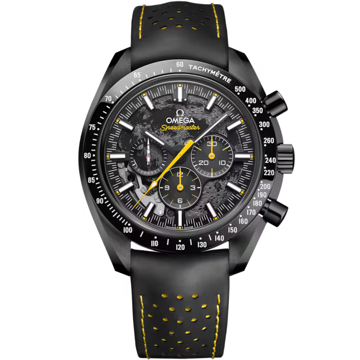 Omega Speed master, black dial with yellow highlights, black rubber strap on a white back ground