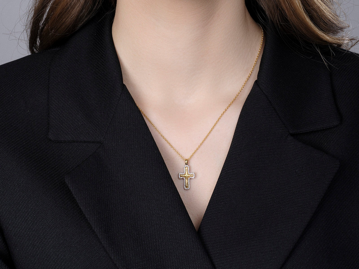 Gold Cross Pendant Necklace with White Gold Pave Frame with Diamonds