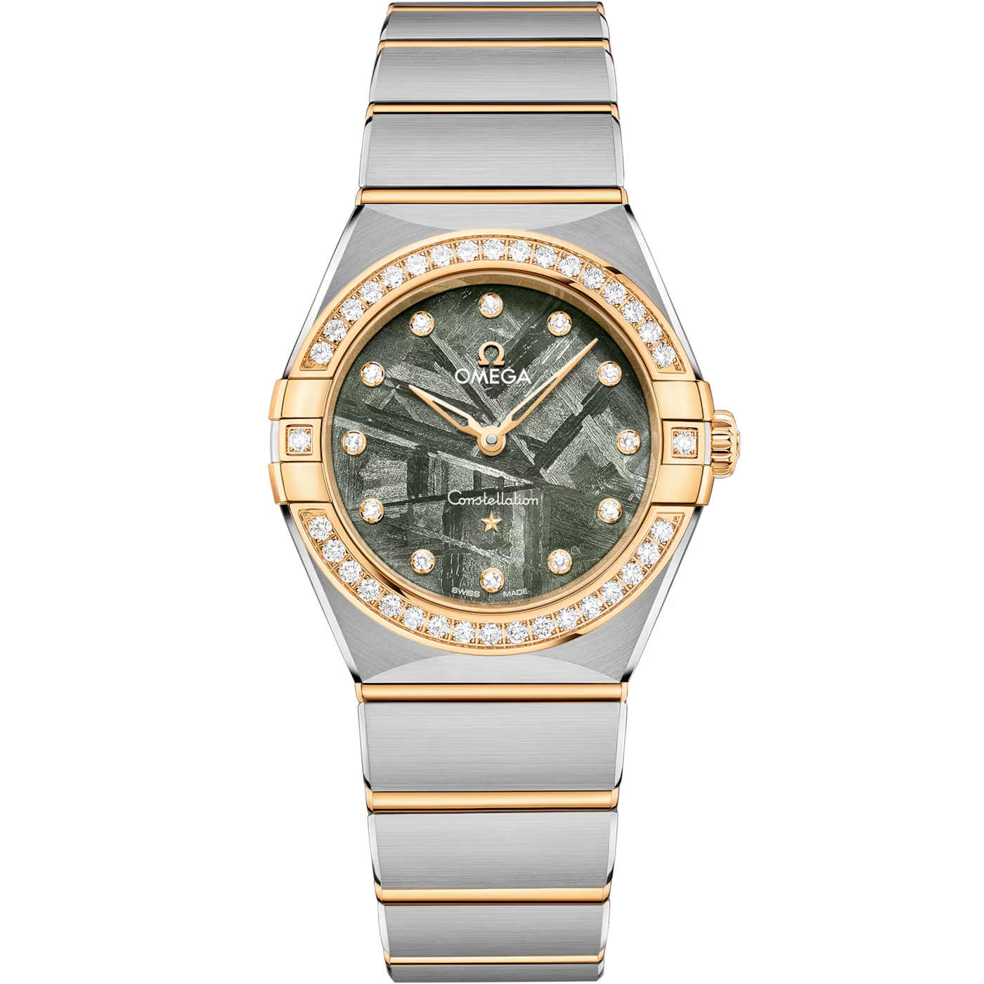 Front view of Omega Constellation 28 mm watch showcasing green meteorite dial and diamond bezel with two-tone steel and gold bracelet