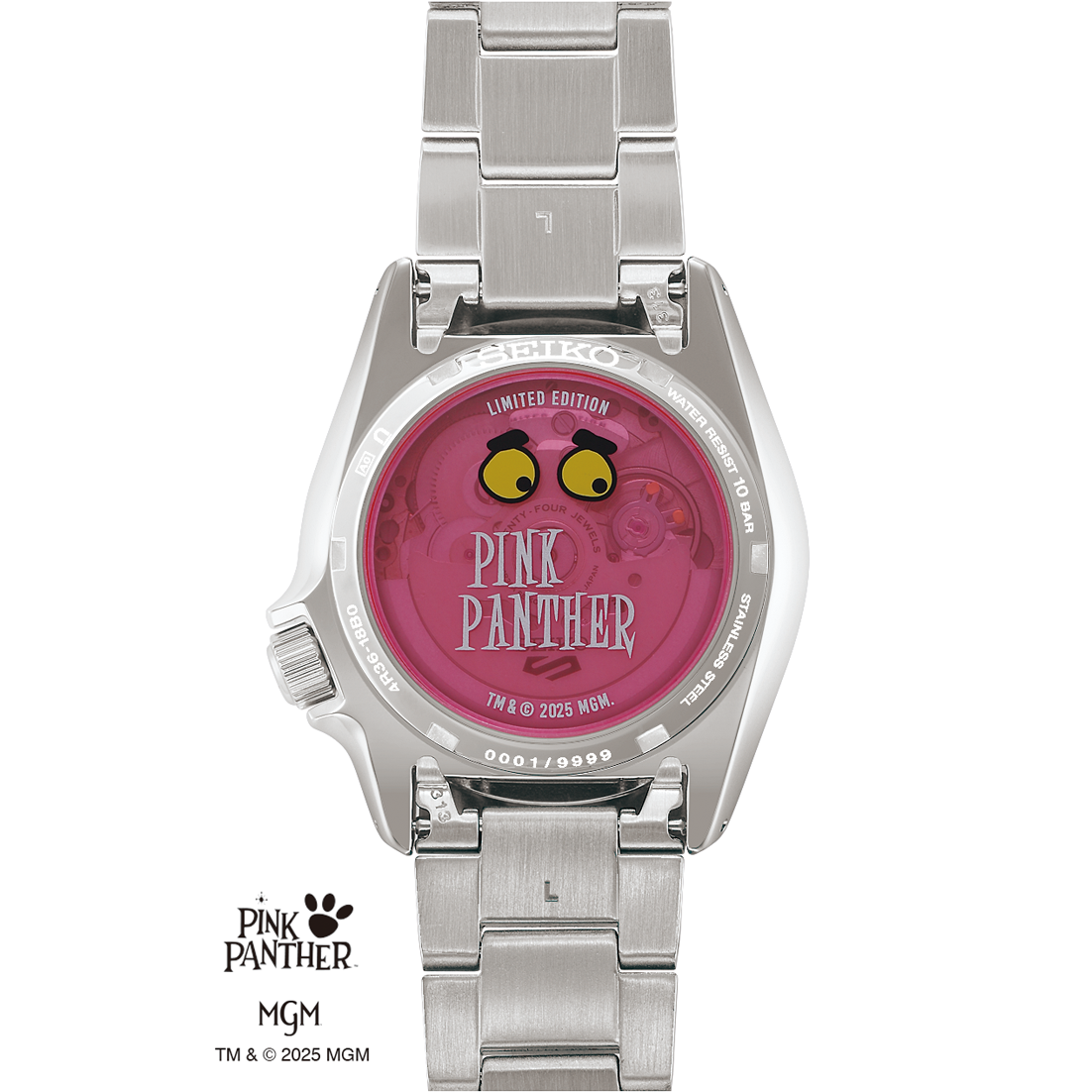 A silver stainless steel wristwatch with a transparent case showing a pink backplate featuring the 'PINK PANTHER' logo and cartoon eyes. The watch has a matching silver metal link bracelet.