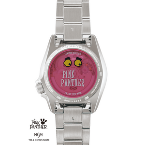 A silver stainless steel wristwatch with a transparent case showing a pink backplate featuring the 'PINK PANTHER' logo and cartoon eyes. The watch has a matching silver metal link bracelet.