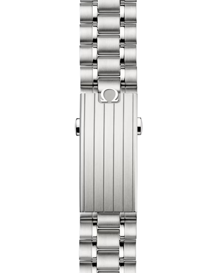 Omega logo shown on the clasp of a steel bracelet watch on a white backgound